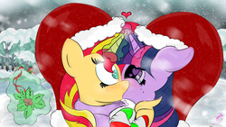 Size: 2556x1440 | Tagged: safe, artist:classedapex, moondancer, starlight glimmer, sunset shimmer, trixie, twilight sparkle, pony, unicorn, g4, clothes, female, hat, heart, heart eyes, holly, kiss on the lips, kissing, lesbian, magic, santa hat, scarf, ship:sunsetsparkle, shipping, snow, snowfall, socks, striped socks, telekinesis, wingding eyes