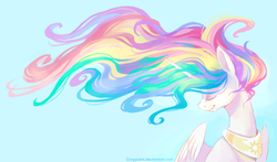 Size: 2296x1350 | Tagged: safe, artist:graypaint, princess celestia, alicorn, pony, g4, blue background, bust, eyes closed, female, mane, mare, simple background, solo, windswept mane