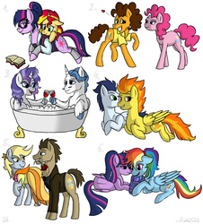 Size: 1850x2050 | Tagged: safe, artist:shimazun, cheese sandwich, derpy hooves, doctor whooves, fancypants, pinkie pie, rainbow dash, rarity, sci-twi, soarin', spitfire, sunset shimmer, time turner, twilight sparkle, alicorn, pony, g4, alternate hairstyle, bath, bathtub, claw foot bathtub, clothes, cutie mark, dress, female, flower, flower in mouth, lesbian, magical lesbian spawn, male, mare, mouth hold, offspring, parent:rainbow dash, parent:twilight sparkle, parents:twidash, prone, rose, ship:cheesepie, ship:doctorderpy, ship:raripants, ship:sci-twishimmer, ship:soarinfire, ship:sunsetsparkle, ship:twidash, shipping, straight, twilight sparkle (alicorn), unicorn sci-twi