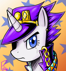 Size: 600x645 | Tagged: dead source, safe, artist:pulu, rarity, pony, unicorn, g4, chains, clothes, female, jacket, jojo's bizarre adventure, jotaro kujo, looking at you, solo, stardust crusaders, the mane is the hat