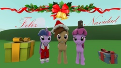 Size: 1920x1080 | Tagged: safe, berry punch, berryshine, twilight sparkle, g4, 3d, bottle, christmas, hat, santa hat