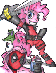Size: 400x523 | Tagged: safe, artist:pulu, gummy, pinkie pie, alligator, pony, g4, accessory swap, bipedal, clothes, cosplay, costume, cupcake, deadpool, duct tape, female, food, hoodie, katana, mare, marvel, pinkiepool, simple background, sword, traditional art, weapon, xk-class end-of-the-world scenario