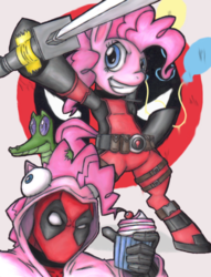 Size: 400x523 | Tagged: dead source, safe, artist:pulu, edit, gummy, pinkie pie, alligator, earth pony, pony, g4, accessory swap, bipedal, clothes, cosplay, costume, cupcake, cutie mark, deadpool, duct tape, female, food, hoodie, katana, mare, marvel, pinkiepool, sword, traditional art, weapon, xk-class end-of-the-world scenario
