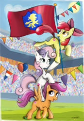 Size: 600x867 | Tagged: safe, artist:milanoss, apple bloom, scootaloo, sweetie belle, equestria games (episode), g4, cutie mark, cutie mark crusaders, equestria games, flag, the cmc's cutie marks, tower of pony
