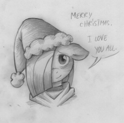 Size: 850x842 | Tagged: safe, artist:lonelycross, marble pie, ask lonely inky, g4, blushing, choker, christmas, clothes, explicit source, female, hat, holiday, hoodie, lonely inky, looking at you, merry christmas, monochrome, old, santa hat, solo, traditional art