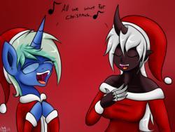 Size: 2000x1500 | Tagged: safe, artist:novaspark, oc, oc only, oc:nova spark, demon, christmas, clothes, glasses, hat, holiday, non-mlp oc, open mouth, santa costume, santa hat, singing