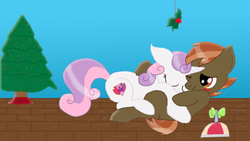 Size: 1172x659 | Tagged: safe, artist:arstyfilmer, button mash, sweetie belle, g4, blushing, christmas, christmas tree, cutie mark, embarrassed, female, holly, holly mistaken for mistletoe, male, ship:sweetiemash, shipping, straight, the cmc's cutie marks, tree