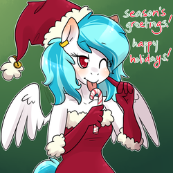 Size: 1000x1000 | Tagged: safe, artist:lucidlarceny, oc, oc only, oc:squeaky clean, pegasus, anthro, blushing, candy, candy cane, clothes, evening gloves, food, gloves, hat, licking, santa hat, solo, tongue out, wink