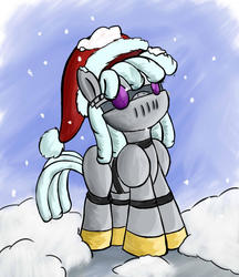 Size: 1500x1733 | Tagged: safe, artist:parassaux, oc, oc only, oc:turing test, robot, fanfic:the iron horse: everything's better with robots, fanfic art, hat, santa hat, snow, snowfall, solo