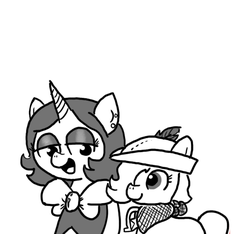 Size: 640x600 | Tagged: safe, artist:ficficponyfic, oc, oc only, oc:emerald jewel, oc:joyride, pony, unicorn, colt quest, colt, cyoa, explicit source, female, foal, mage, male, mare, monochrome, pimp, story included