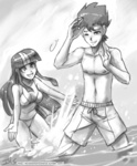 Size: 800x970 | Tagged: safe, artist:johnjoseco, flash sentry, twilight sparkle, human, equestria girls, g4, beach, belly button, bikini, black and white, blushing, breasts, clothes, cute, duo, female, grayscale, humanized, male, male nipples, monochrome, nipples, nudity, open mouth, ship:flashlight, shipping, sketch, smiling, splash, splashing, straight, swimming trunks, swimsuit, topless, water, wink