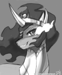 Size: 800x970 | Tagged: safe, artist:johnjoseco, king sombra, pony, unicorn, g4, black and white, bust, gray background, grayscale, grin, looking at you, male, monochrome, simple background, sketch, smiling, smiling at you, solo, stallion, turned head