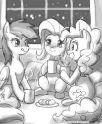 Size: 800x970 | Tagged: safe, artist:johnjoseco, fluttershy, pinkie pie, rainbow dash, earth pony, pegasus, pony, g4, black and white, cookie, cup, female, food, grayscale, looking at each other, mare, monochrome, mug, open mouth, sketch, tongue out, window