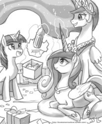 Size: 800x970 | Tagged: safe, artist:johnjoseco, princess cadance, princess celestia, twilight sparkle, alicorn, pony, g4, baby bottle, baby shower, black and white, female, grayscale, mare, monochrome, party, pregnant, present, sketch, twilight sparkle (alicorn)