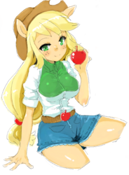 Size: 512x696 | Tagged: safe, artist:saruton, applejack, equestria girls, g4, apple, breasts, busty applejack, cute, explicit source, female, food, jackabetes, pixiv, ponied up, solo