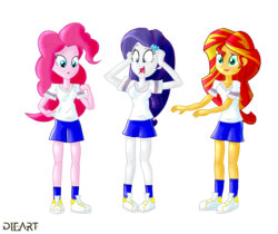 Size: 2330x1960 | Tagged: safe, artist:dieart77, pinkie pie, rarity, sunset shimmer, equestria girls, g4, cleavage, clothes, female, gym uniform, shoes, simple background, sneakers, transparent background