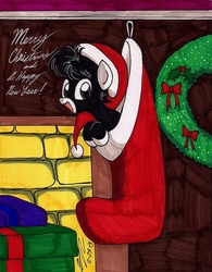 Size: 1024x1315 | Tagged: safe, artist:newyorkx3, oc, oc only, oc:tommy junior, christmas, christmas stocking, colt, foal, hat, holiday, male, present, santa hat, solo, talking to viewer, traditional art, winter, wreath