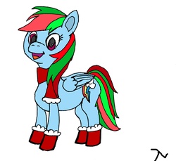 Size: 6500x5963 | Tagged: safe, artist:deacon blues, rainbow dash, g4, absurd resolution, boots, christmas, clothes, female, looking at you, palette swap, scarf, simple background, solo