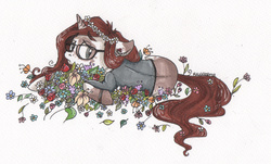 Size: 1904x1148 | Tagged: safe, artist:maslozerca, oc, oc only, flower, glasses, sad, solo, traditional art