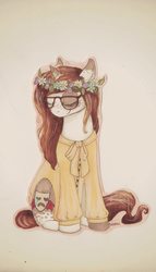 Size: 485x850 | Tagged: safe, artist:maslozerca, oc, oc only, floral head wreath, glasses, happy, solo, traditional art