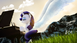 Size: 3840x2160 | Tagged: safe, artist:flutterdaz, rarity, alicorn, angel, pony, g4, 3d, alicornified, angel rarity, eyes closed, female, grass, high res, mountain, musical instrument, piano, race swap, raricorn, sai tool, sky, solo, wings