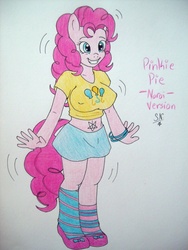 Size: 960x1280 | Tagged: safe, artist:sangee-13-neuroy, pinkie pie, earth pony, anthro, g4, belly button, breasts, busty pinkie pie, clothes, cutie mark on clothes, female, mare, midriff, navel tattoo, pentagram, reference sheet, shoes, short shirt, skirt, socks, solo, traditional art