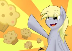 Size: 1024x724 | Tagged: safe, artist:artsyambi, derpy hooves, pegasus, pony, g4, female, food, mare, muffin, solo