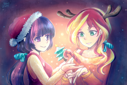 Size: 1475x1000 | Tagged: safe, artist:foxmi, sunset shimmer, twilight sparkle, human, equestria girls, g4, alternate hairstyle, antlers, candy, candy cane, christmas, christmas tree, clothes, female, food, hat, holiday, humanized, lesbian, object, off shoulder, santa hat, ship:sunsetsparkle, shipping, smiling, sweater, tree, vest