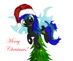 Size: 1350x1125 | Tagged: safe, artist:law44444, oc, oc only, oc:summer haze, changeling, changeling oc, christmas, christmas changeling, cute, solo, tree