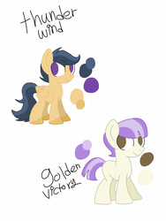 Size: 1536x2048 | Tagged: safe, artist:smileverse, oc, oc only, oc:golden victory, oc:thunder wind, earth pony, pegasus, pony, offspring, parent:diamond tiara, parent:featherweight, parent:rumble, parent:scootaloo, parents:feathertiara, parents:rumbloo, reference sheet, simple background