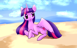 Size: 3840x2400 | Tagged: safe, artist:mrfremen, twilight sparkle, alicorn, pony, g4, beach, colored, cute, digital art, female, high res, horn, outdoors, prone, solo, summer, twiabetes, twilight sparkle (alicorn), wings