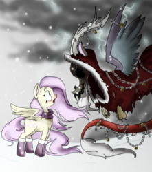 Size: 1024x1156 | Tagged: dead source, safe, artist:lifekore, discord, fluttershy, draconequus, pegasus, pony, g4, bells, chains, christmas, cloak, clothes, duo, female, horror, krampus, lightning, male, mare, red nosed, scarf, snow, snowfall, windswept mane