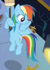 Size: 160x225 | Tagged: safe, screencap, rainbow dash, g4, party pooped, animated, broom, cropped, female, flying, gif, solo, sweeping
