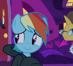 Size: 358x322 | Tagged: safe, screencap, doctor horse, doctor stable, rainbow dash, twilight sparkle, pegasus, pony, g4, read it and weep, animated, clothes, gif, hood, sneaking suit