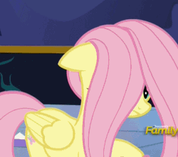 Size: 631x557 | Tagged: safe, screencap, fluttershy, twilight sparkle, alicorn, pony, g4, party pooped, animated, discovery family logo, female, hair over one eye, mare, twilight sparkle (alicorn)