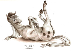 Size: 1200x878 | Tagged: safe, artist:hiroshi-tea, applejack, earth pony, horse, pony, g4, applebutt, butt, crotchboobs, dock, female, hoers, horses doing horse things, mare, monochrome, nudity, on back, plot, realistic, realistic anatomy, realistic horse legs, signature, solo, traditional art, underhoof