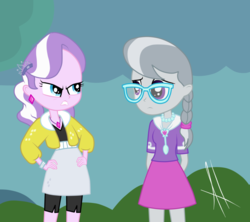 Size: 1024x910 | Tagged: dead source, safe, artist:angelitus01, diamond tiara, silver spoon, crusaders of the lost mark, equestria girls, g4, angry, braided ponytail, clothes, compression shorts, duo, duo female, equestria girls interpretation, female, glasses, hand on hip, scene interpretation, shorts, show accurate, skirt
