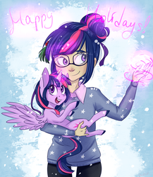 Size: 2000x2300 | Tagged: safe, artist:silbersternenlicht, sci-twi, twilight sparkle, human, pony, g4, duo, glasses, happy holidays, high res, holding a pony, human coloration, human ponidox, humanized, magic, snow, twilight sparkle (alicorn), twolight