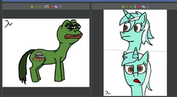 Size: 509x281 | Tagged: safe, artist:deacon blues, lyra heartstrings, derpibooru, g4, 1000 hours in ms paint, exploitable meme, juxtaposition, juxtaposition fail, meme, meta, ms paint, pepe the frog, ponified, stylistic suck