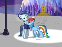 Size: 3491x2658 | Tagged: safe, artist:rebron-y, rainbow dash, soarin', pony, g4, blushing, clothes, female, high res, male, scarf, ship:soarindash, shipping, snow, straight, twilight's castle, winter