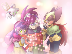 Size: 1600x1200 | Tagged: safe, artist:thegreatrouge, apple bloom, opalescence, scootaloo, sweetie belle, human, g4, crossover, cutie mark crusaders, cyber elf, cyber-elf, humanized, mega man (series), megaman zero
