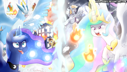 Size: 1500x844 | Tagged: safe, artist:pika-chany, derpy hooves, doctor whooves, princess celestia, princess luna, time turner, articuno, pegasus, pony, g4, crossover, doctor who, female, magic, mare, pokémon, snow, snowball, snowball fight, snowbaææ, snowfall, tardis, telekinesis, the doctor, tongue out