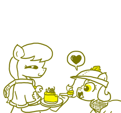 Size: 640x600 | Tagged: safe, artist:ficficponyfic, oc, oc only, oc:emerald jewel, oc:hope blossoms, pony, colt quest, cake, cake slice, colt, cute, explicit source, female, foal, food, heart, male, mare, plate, spoon