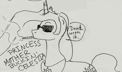 Size: 1947x1151 | Tagged: safe, artist:xxtaraxkitaidexx, princess celestia, g4, female, monochrome, smoking, solo, sunglasses