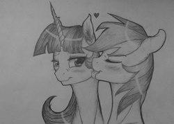 Size: 2902x2073 | Tagged: safe, artist:themoonraven, rainbow dash, twilight sparkle, pegasus, pony, g4, blushing, eyes closed, female, floppy ears, heart, high res, lesbian, licking, mare, monochrome, ship:twidash, shipping, tongue out, traditional art