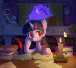 Size: 1203x1071 | Tagged: safe, artist:dawnfire, twilight sparkle, butterfly, moth, pony, unicorn, g4, book, candle, colored pupils, female, golden oaks library, mare, red eyes, solo, unicorn twilight