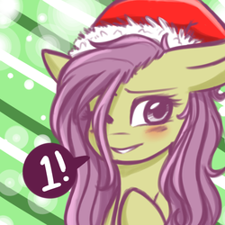 Size: 600x600 | Tagged: safe, artist:askflutterpsycho, fluttershy, g4, 1, female, hair over one eye, hat, santa hat, solo, speech bubble