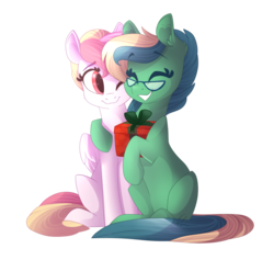 Size: 1280x1211 | Tagged: safe, artist:lolepopenon, oc, oc only, earth pony, pegasus, pony, duo, glasses, happy, hug, present, simple background, transparent background