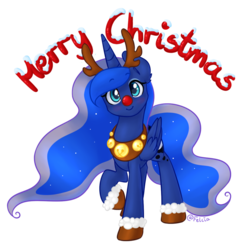 Size: 1024x1051 | Tagged: dead source, safe, artist:felcia, princess luna, g4, blushing, cute, female, looking at you, lunabetes, merry christmas, raised hoof, red nose, reindeer antlers, simple background, smiling, solo, transparent background