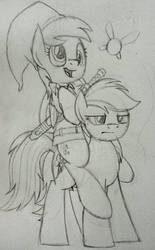 Size: 1004x1622 | Tagged: safe, artist:drawponies, derpy hooves, rainbow dash, pegasus, pony, g4, clothes, costume, crossover, derpy riding rainbow dash, female, link, mare, monochrome, navi, ponies riding ponies, riding, sketch, the legend of zelda, traditional art